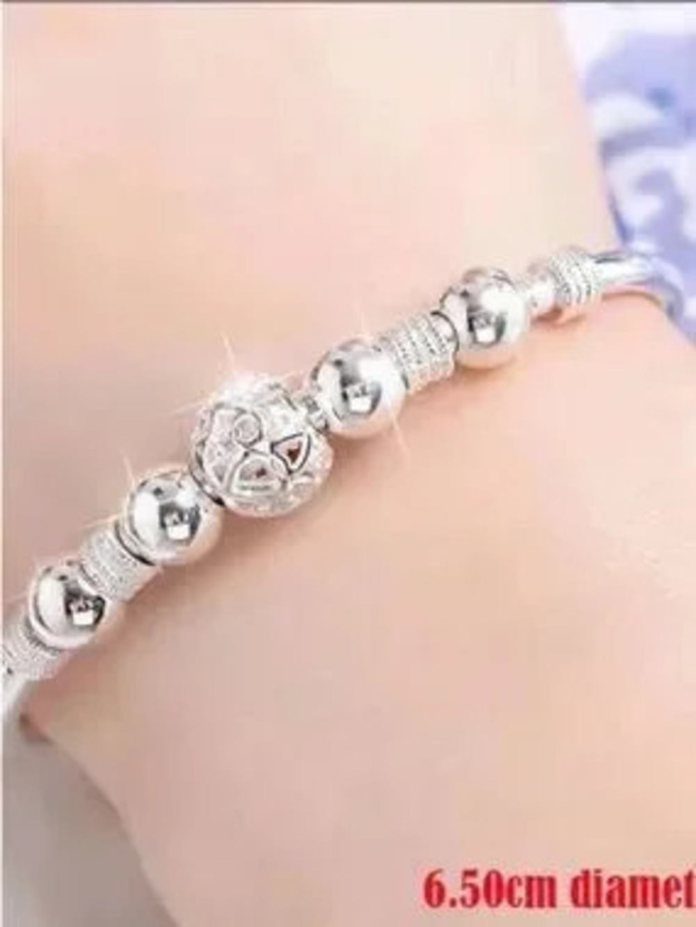 Silver Heart Accent Beaded Bangle Bracelet